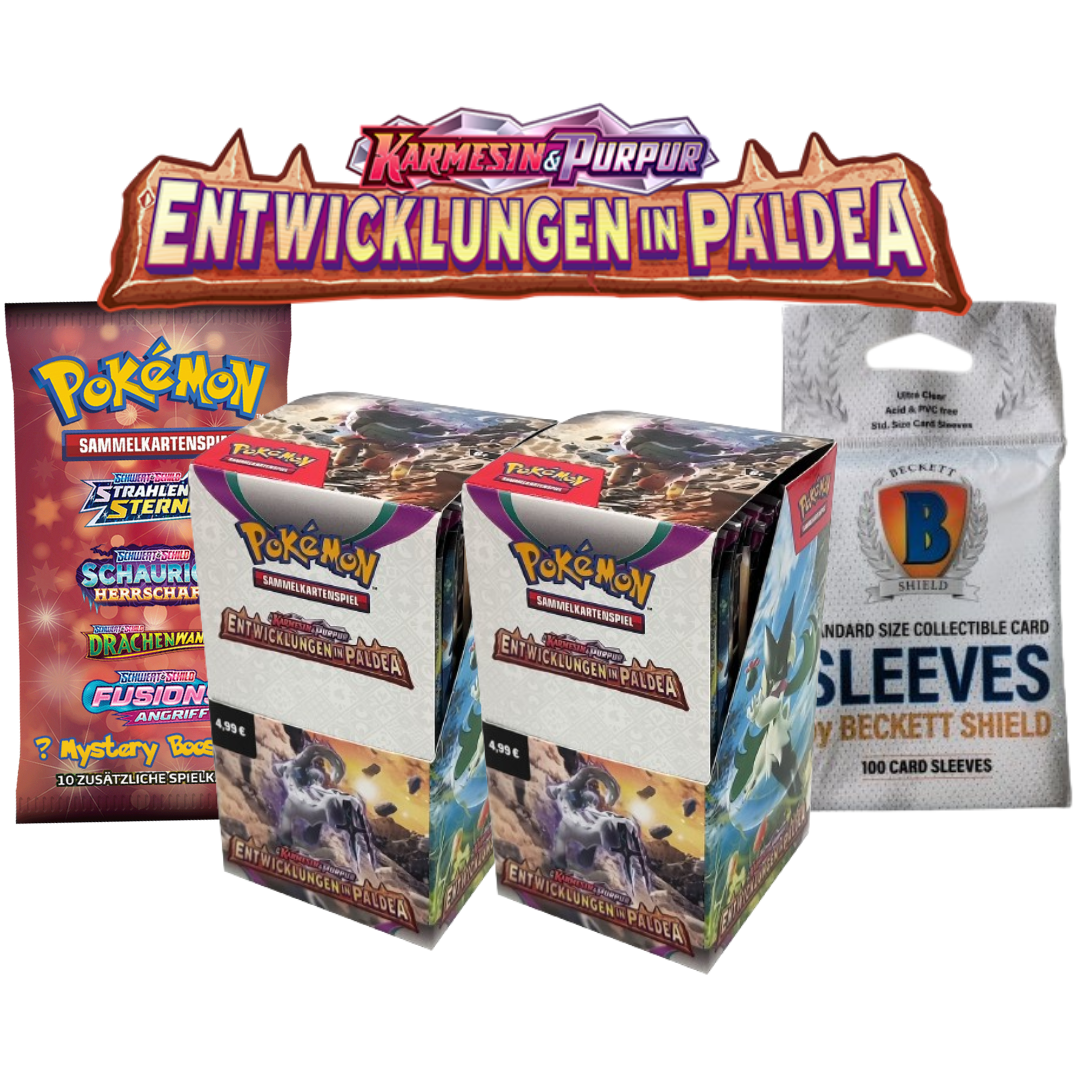 Pokémon Bundle "Entwicklungen in Paldea" - 2 Displays mit Beckett Sleeves und Mystery Booster