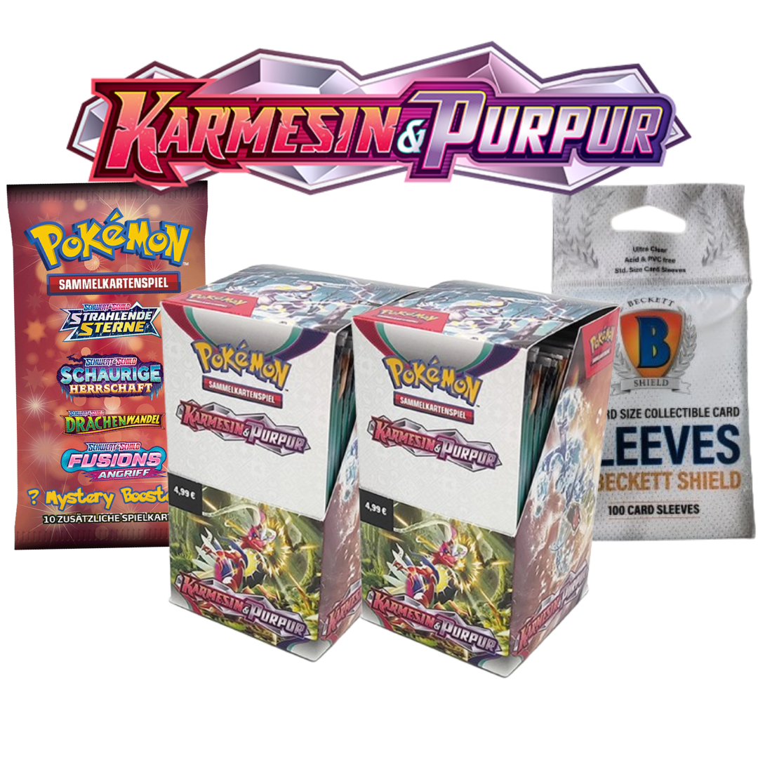 Pokémon Bundle "Karmesin & Purpur" - 2 Displays mit Beckett Sleeves und Mystery Booster